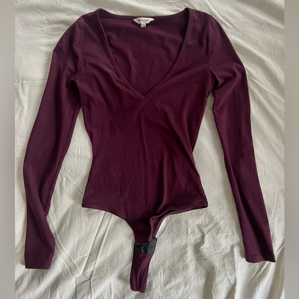 Madewell Burgundy V Neck Long-sleeve Thong Bodysuit